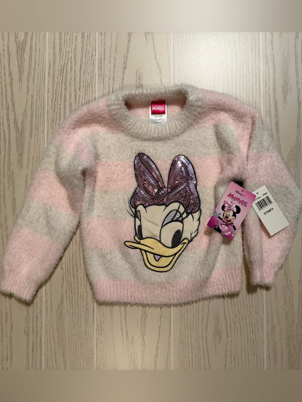 Disney Daisy Duck Toddler Girls 3T Pink Fuzzy Striped Sequin Sweater Cozy NWT